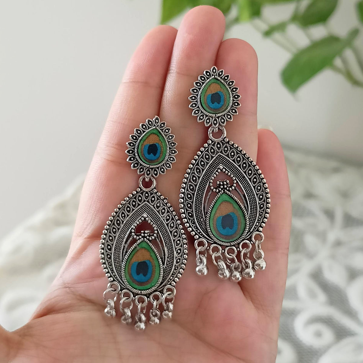 Tikka Shape Peacock Sticker Jhumka Oxidised Silver Ethnic Earrings