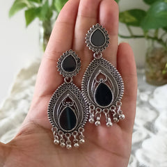 Tikka Shape Black Mirror Oxidised Silver Ethnic Earrings