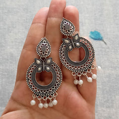 Round Butterfly Design White Beads Oxidised Silver Ethnic Earrings