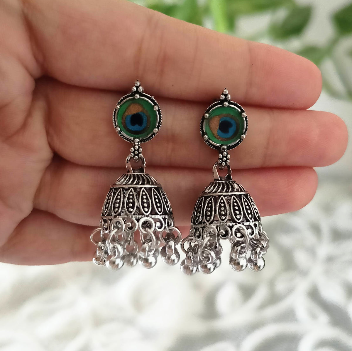 Peacock Sticker Round Jhumka Oxidised Silver Ethnic Earrings