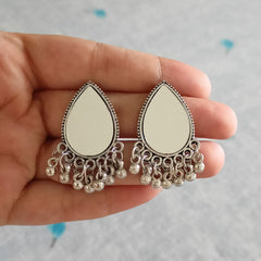Water Drop Shape Mirror Studs Oxidised Silver Ethnic Earrings