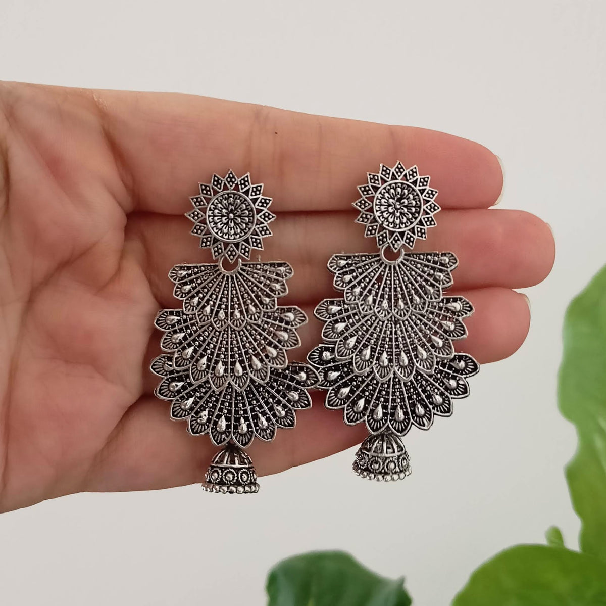 Flower Design Triple Layer Oxidised Silver Festive Earrings