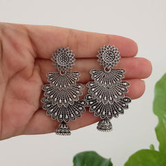 Flower Design Triple Layer Oxidised Silver Festive Earrings