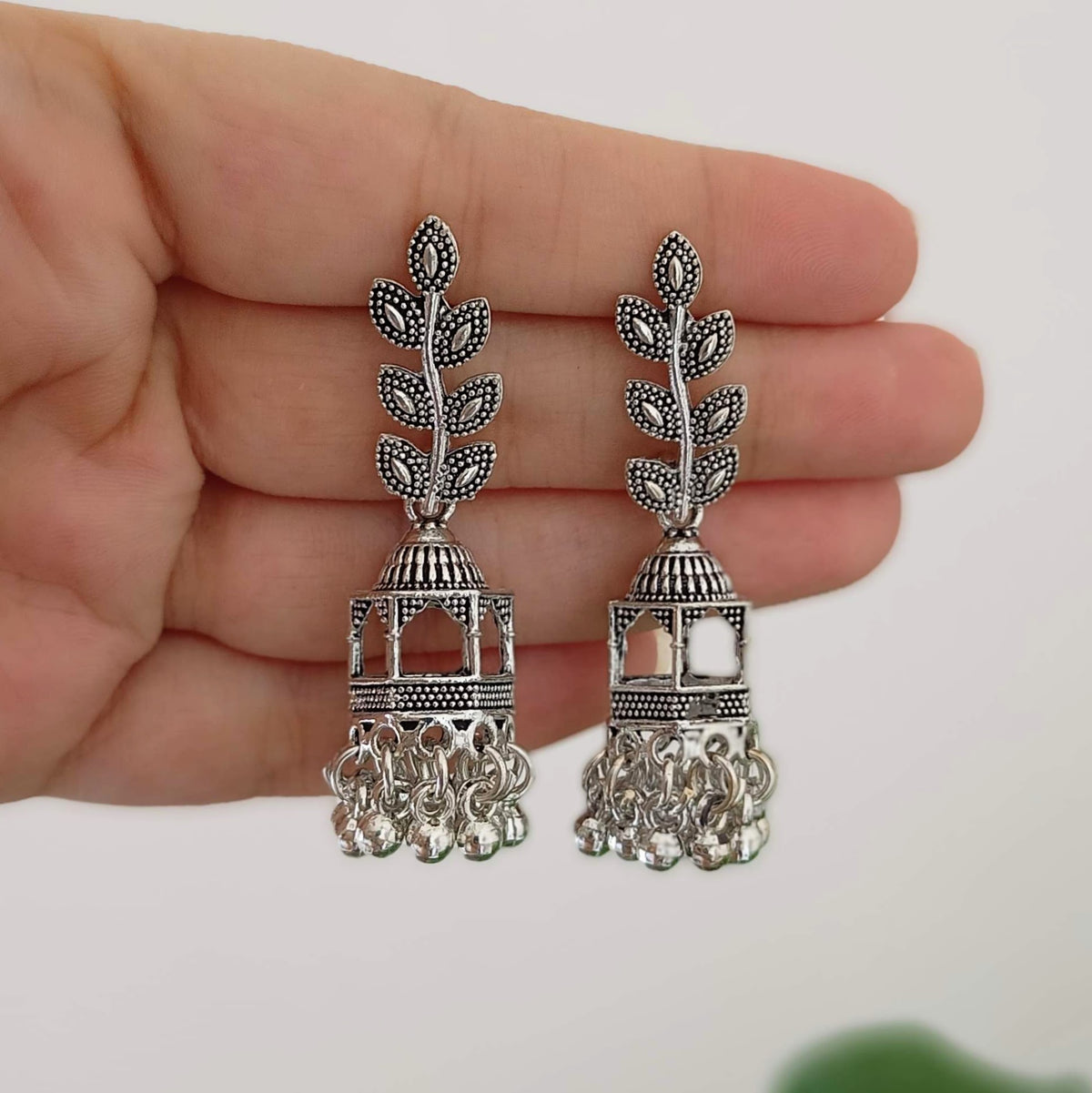 Leaf Branch Mandir Jhumka Oxidised Silver Festive Earrings