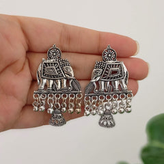 Elephant Design Drop Jhumka Oxidised Silver Festive Earrings