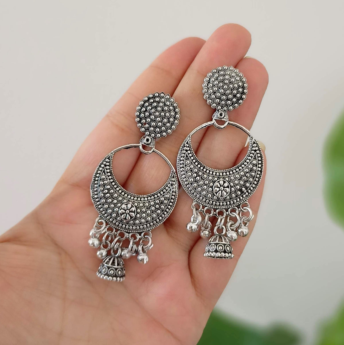 Chaandbali Shape Drop Jhumka Oxidised Silver Festive Earrings