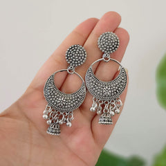Chaandbali Shape Drop Jhumka Oxidised Silver Festive Earrings