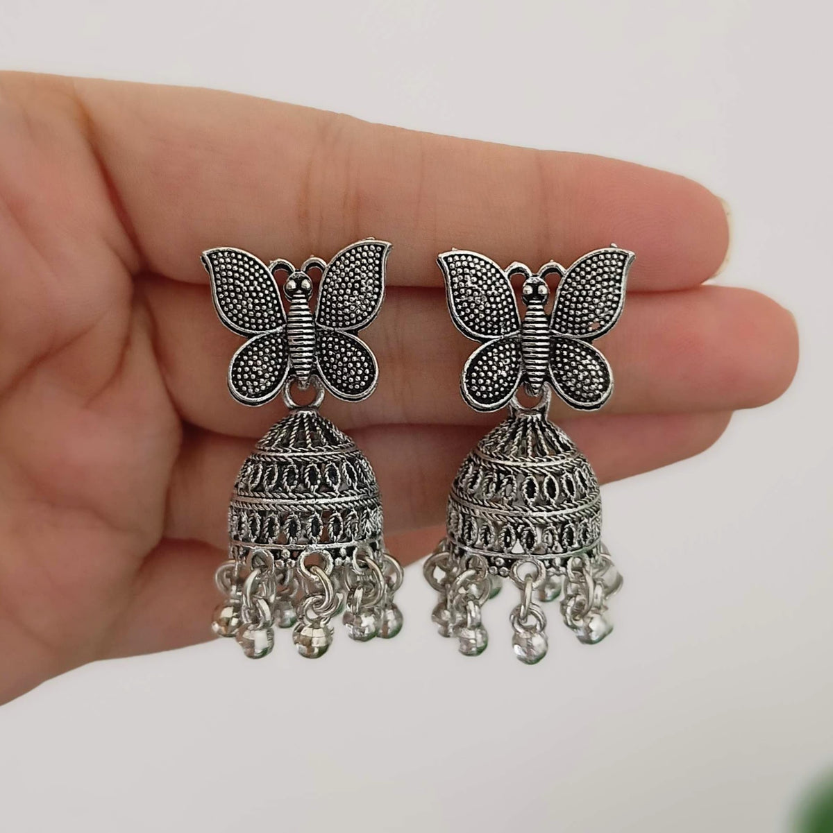 Butterfly Jhumka Oxidised Silver Festive Earrings