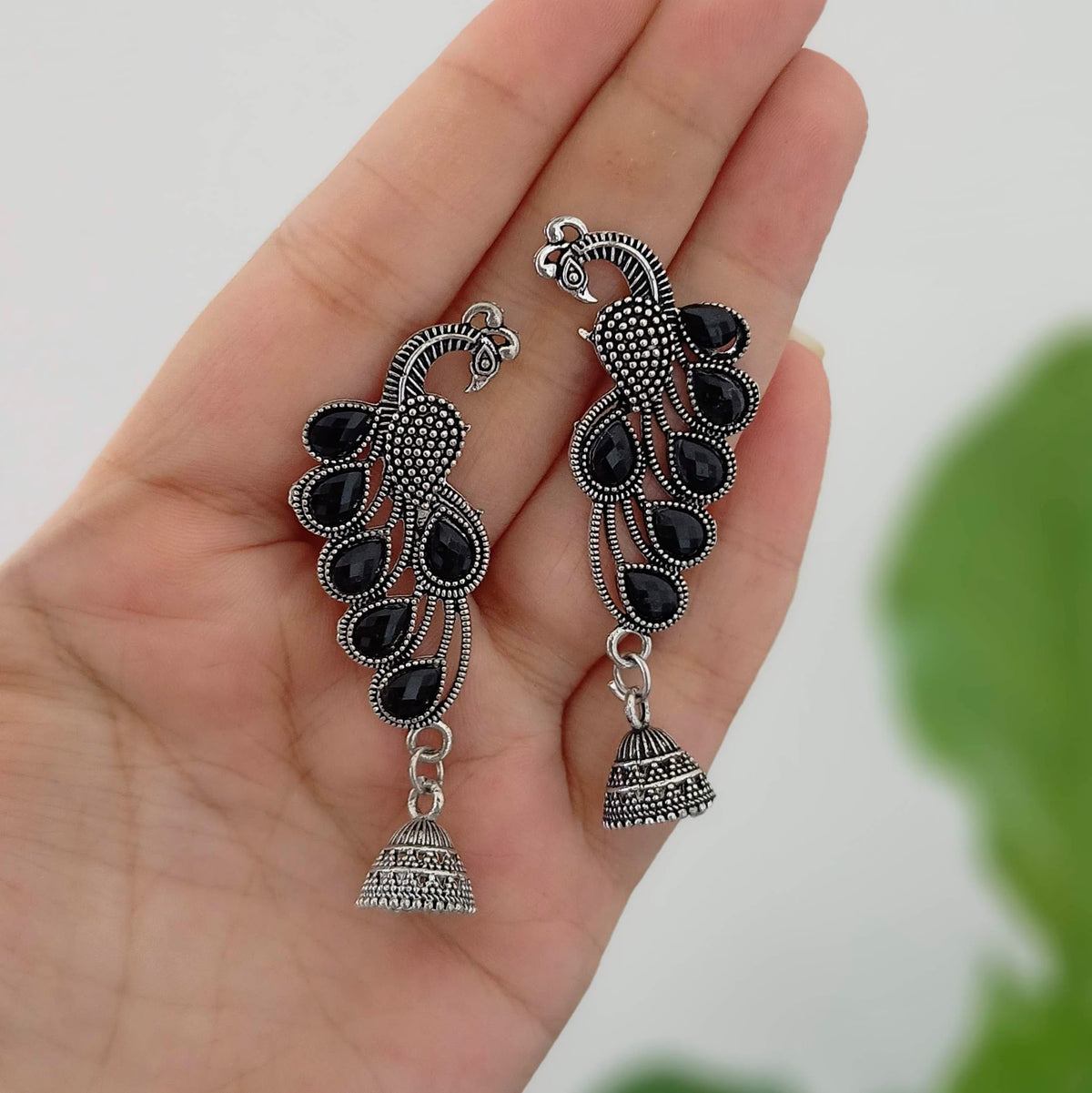 Peacock Shape Black Stone Jhumka Oxidised Silver Festive Earrings
