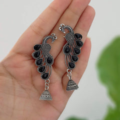 Peacock Shape Black Stone Jhumka Oxidised Silver Festive Earrings