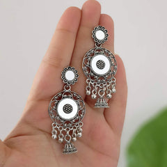 Mirror Studded Jhumka Oxidised Silver Festive Earrings