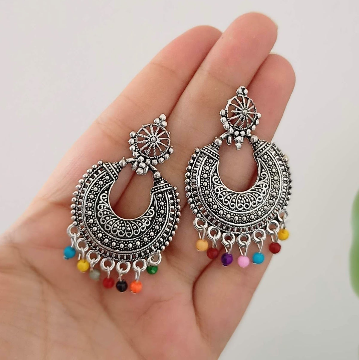 Multicolor Beads Chaandbali Oxidised Silver Festive Earrings