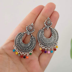 Multicolor Beads Chaandbali Oxidised Silver Festive Earrings
