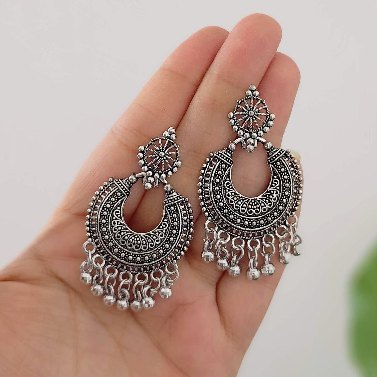 Silver Color Beads Chaandbali Oxidised Silver Festive Earrings