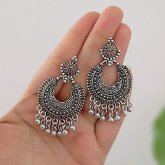 Silver Color Beads Chaandbali Oxidised Silver Festive Earrings