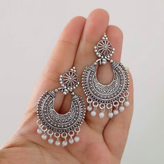 White Color Beads Chaandbali Oxidised Silver Festive Earrings