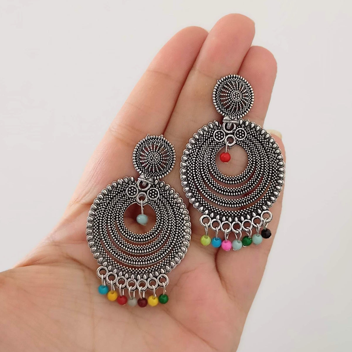 Multicolor Beads Layers Oxidised Silver Festive Earrings