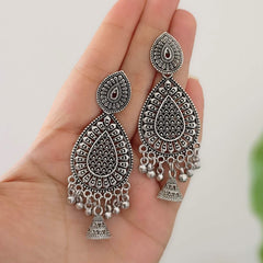Tikka Shape Jhumka Oxidised Silver Festive Earrings