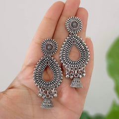 Water Drop Shape Jhumka Oxidised Silver Festive Earrings