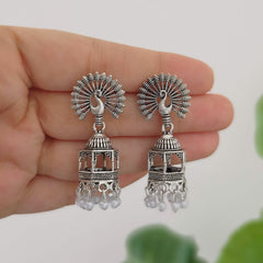Peacock Stud Mandir Jhumka Oxidised Silver Festive Earrings