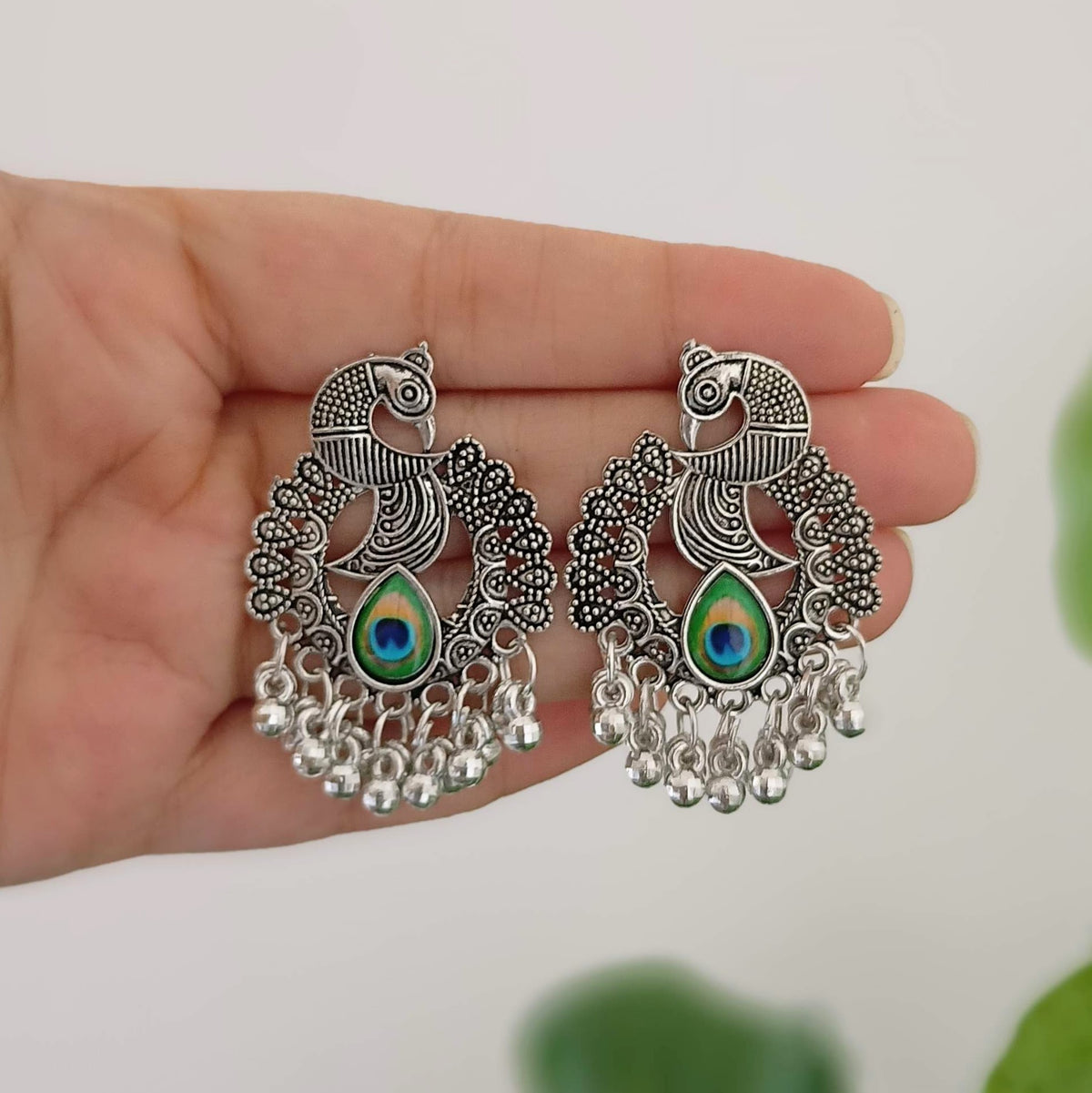 Peacock Design Sticker Oxidised Silver Festive Earrings