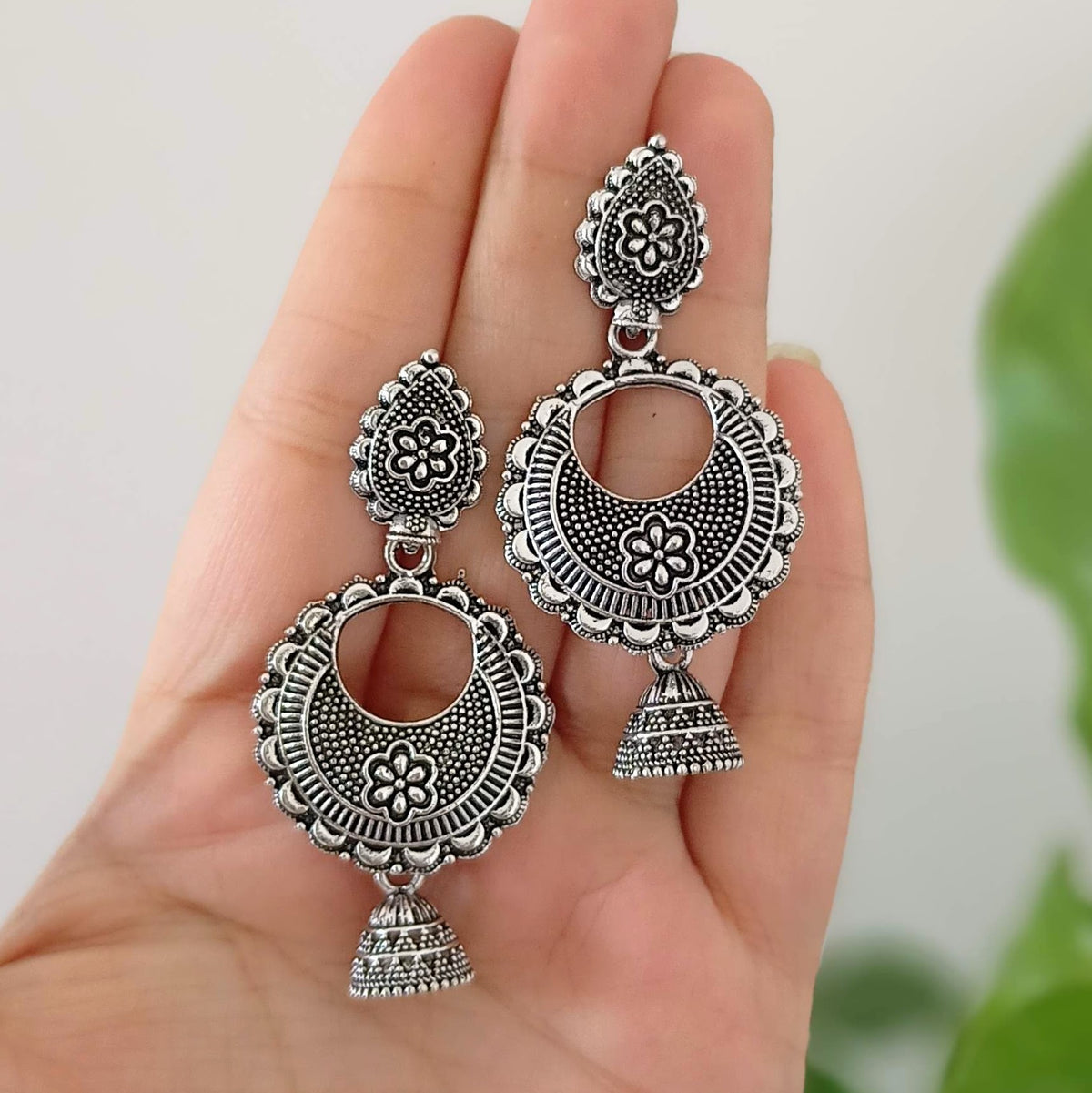 Chaandbali Drop Jhumka Flower Engraved Oxidised Silver Festive Earrings