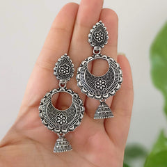 Chaandbali Drop Jhumka Flower Engraved Oxidised Silver Festive Earrings