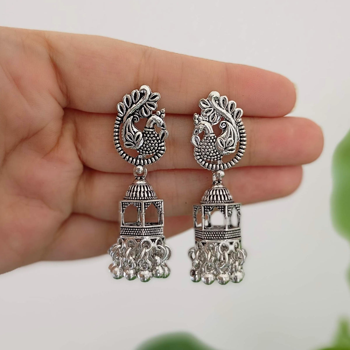 Peacock Stud Gorgeous Mandir Jhumka Oxidised Silver Festive Earrings