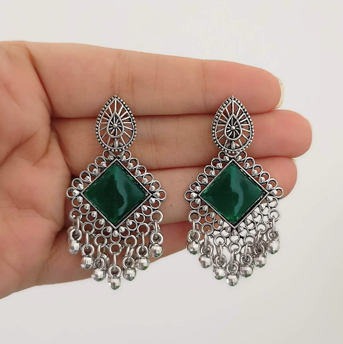 Green Color Sticker Studded Oxidised Silver Festive Earrings