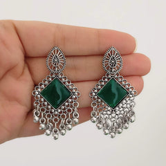 Green Color Sticker Studded Oxidised Silver Festive Earrings