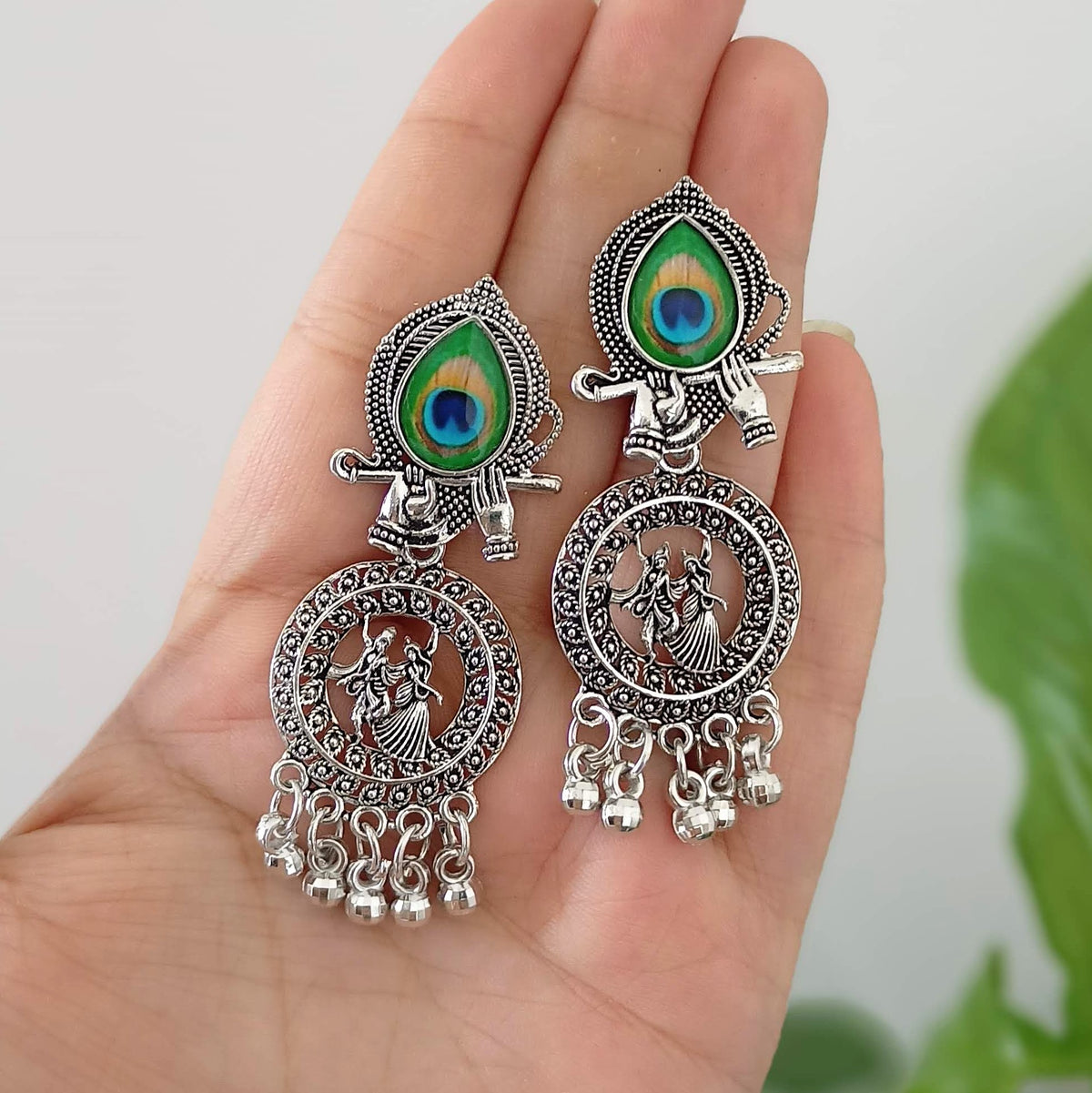 Dancing Couple Peacock Sticker Oxidised Silver Festive Earrings