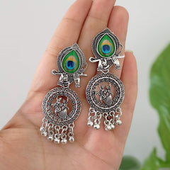 Dancing Couple Peacock Sticker Oxidised Silver Festive Earrings