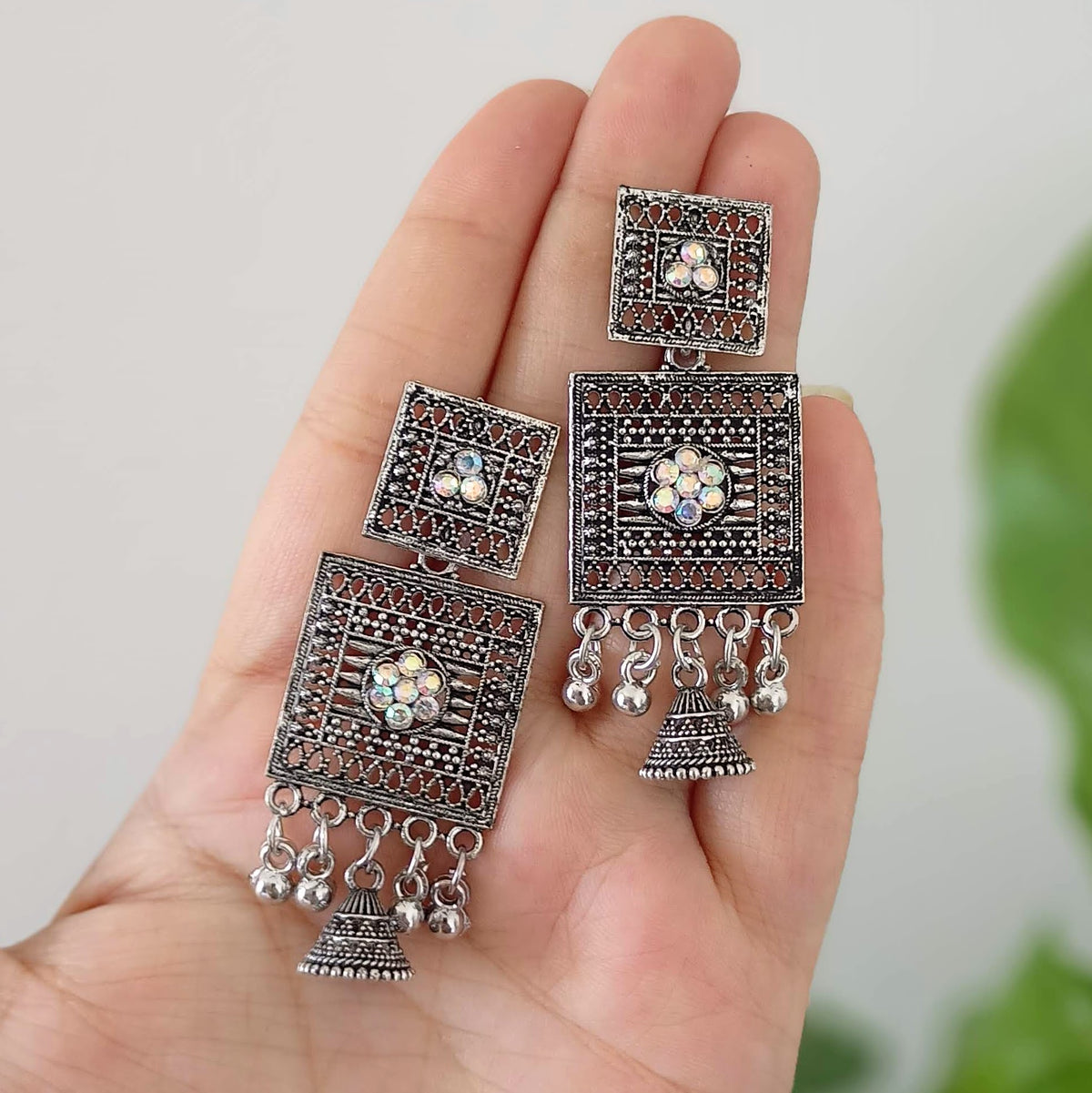 Double Square Shape Jhumka Oxidised Silver Festive Earrings