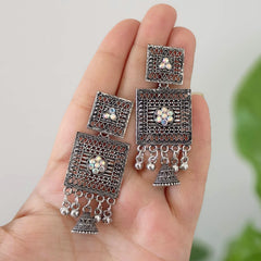 Double Square Shape Jhumka Oxidised Silver Festive Earrings