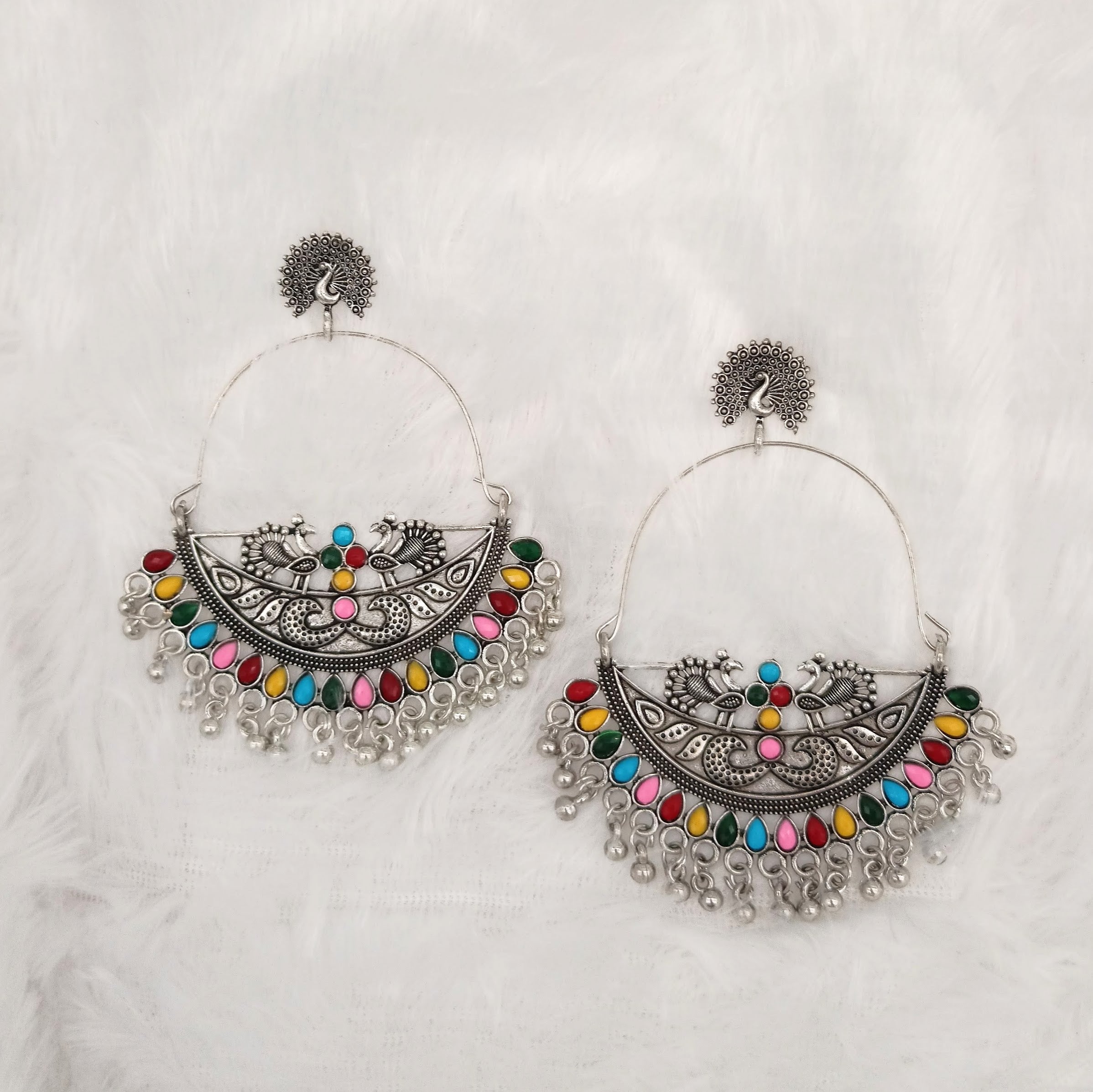 Beautiful Chaandbali Trendy Multicolor Stone Silver Oxidised Earrings