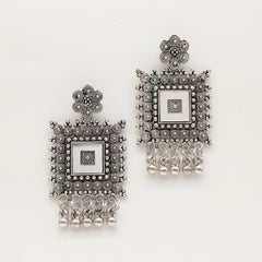 Rectangle Shape Mirror Beads Trendy Silver Oxidised Earrings