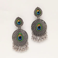Peacock Double Sticker Tikka Shape Trendy Silver Oxidised Earrings
