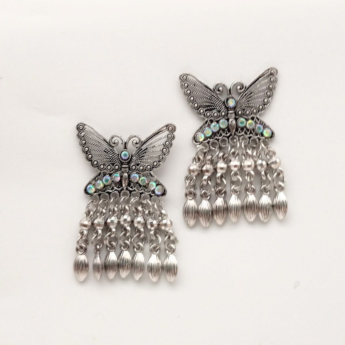 Butterfly Rainbow Stone Drop Beads Trendy Silver Oxidised Earrings
