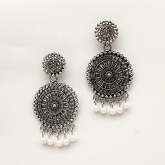 Round White Drop Beads Trendy Silver Oxidised Earrings