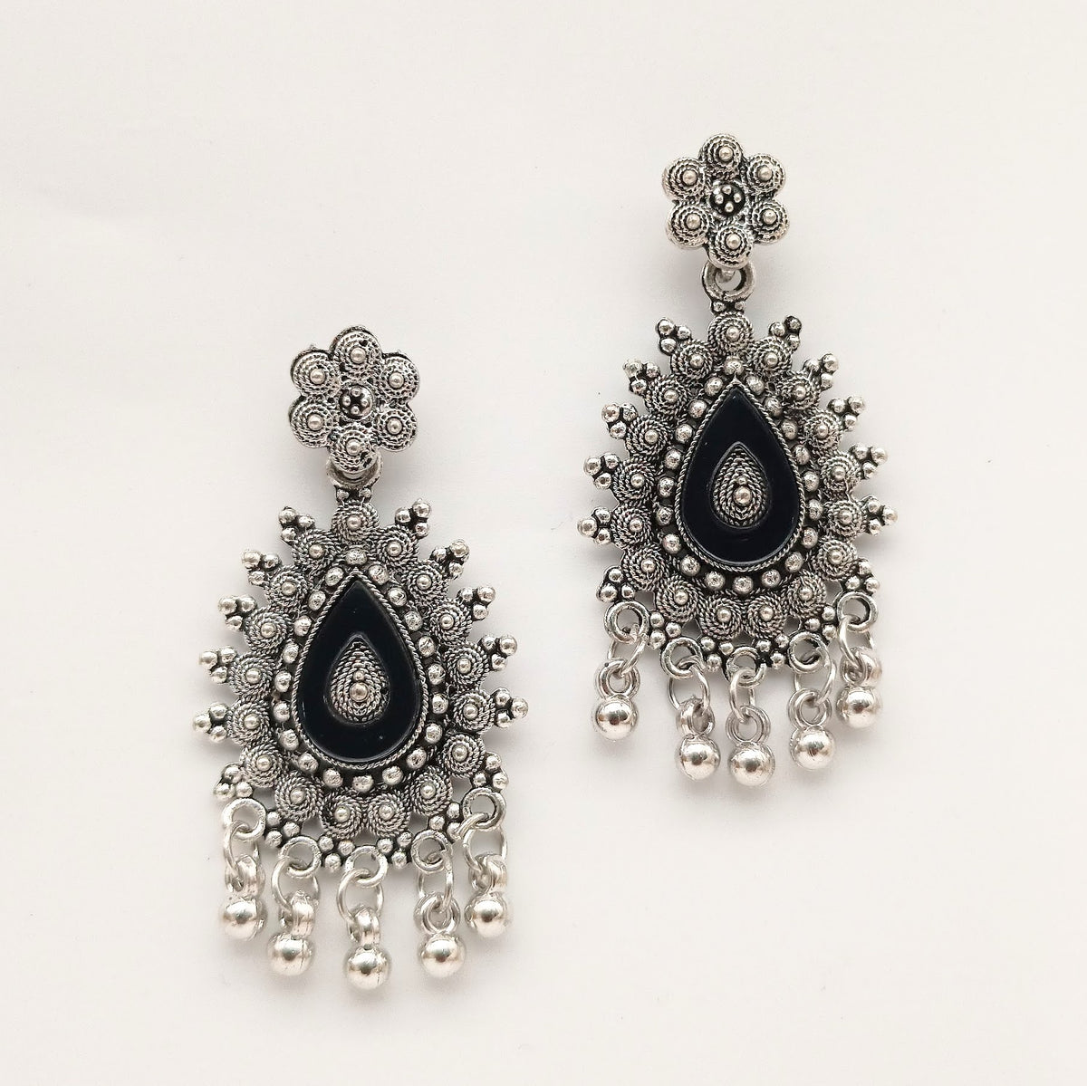Tikka Shape Black Mirror Ethnic Trendy Silver Oxidised Earrings