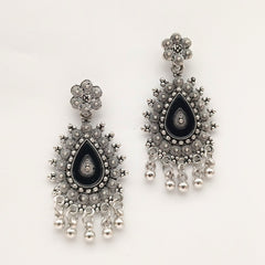 Tikka Shape Black Mirror Ethnic Trendy Silver Oxidised Earrings