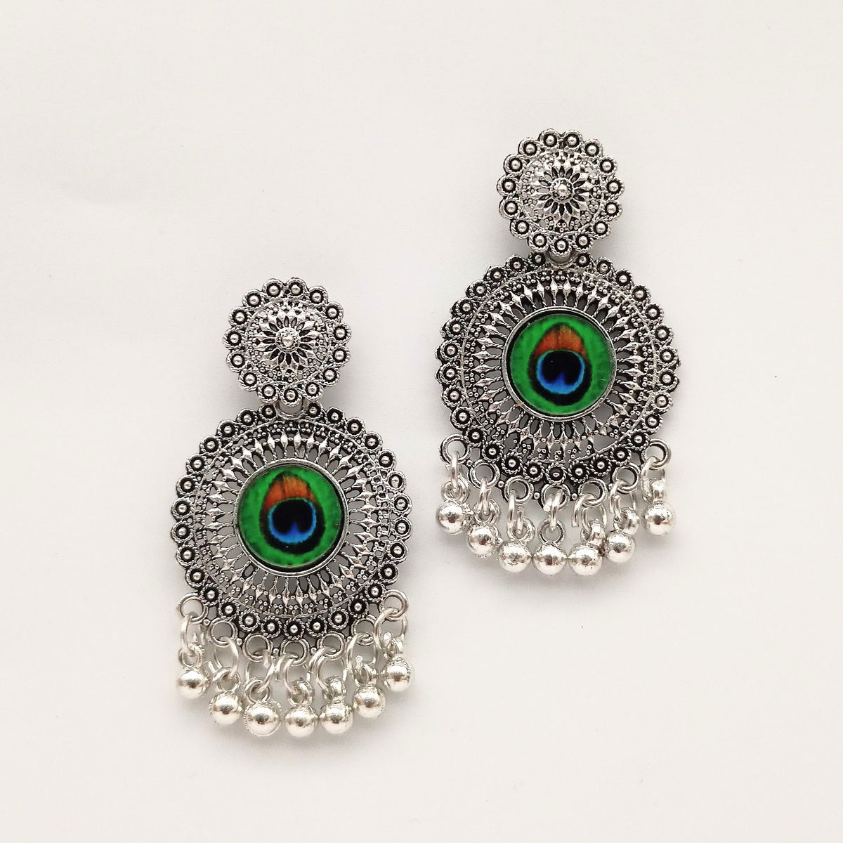 Gorgeous Peacock Round Shape Ethnic Trendy Silver Oxidised Earrings