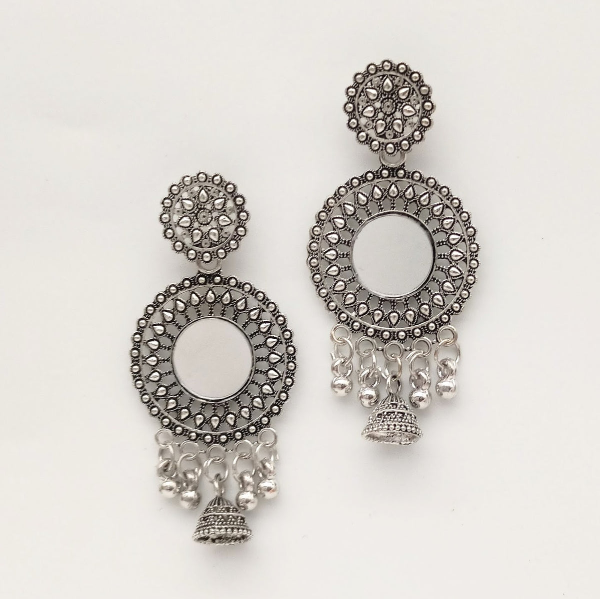 Floral Design Round Mirror Jhumka Ethnic Trendy Silver Oxidised Earrings