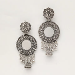 Floral Design Round Mirror Jhumka Ethnic Trendy Silver Oxidised Earrings