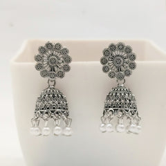Floral Shape Jhumka Ethnic Trendy Silver Oxidised Earrings