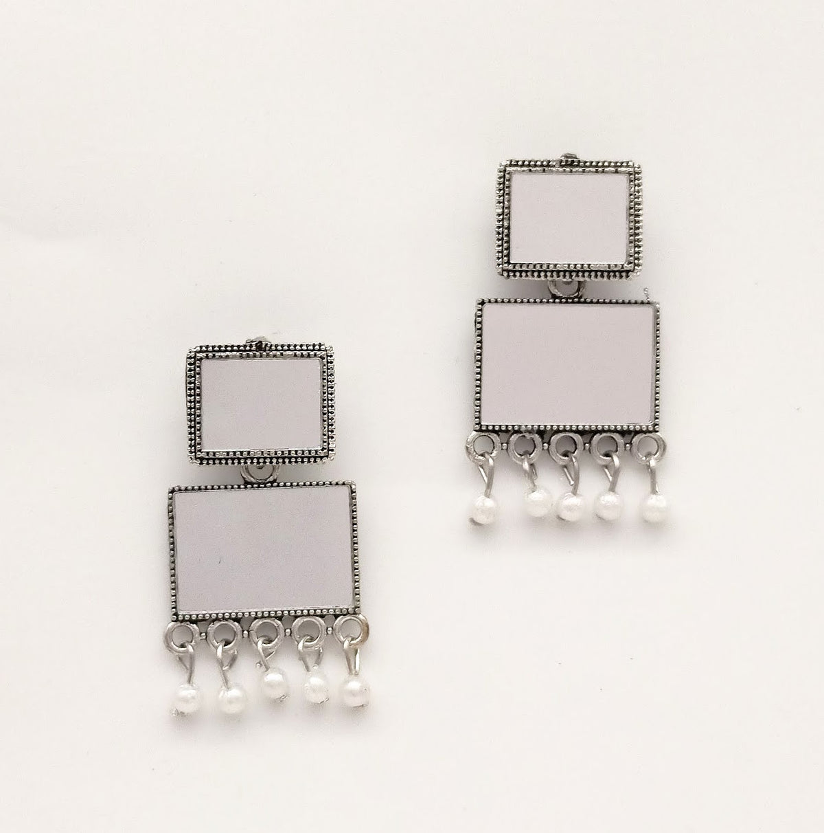 Rectangle Shape Double Mirror Ethnic Trendy Silver Oxidised Earrings