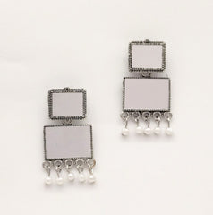 Rectangle Shape Double Mirror Ethnic Trendy Silver Oxidised Earrings