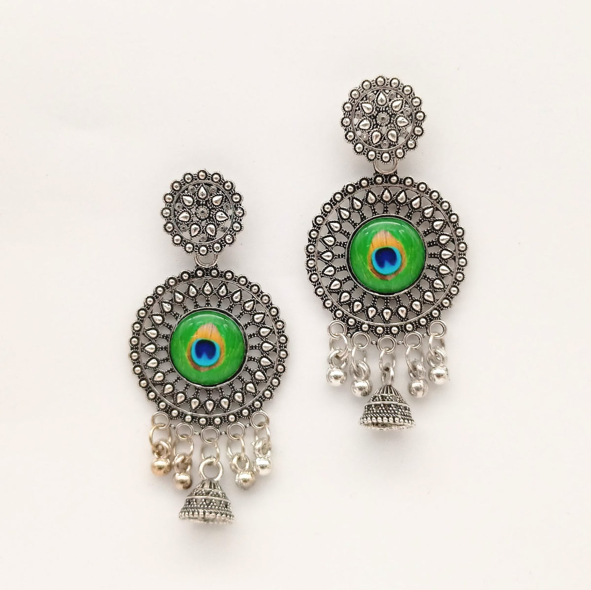 Drop Jhumka Peacock Sticker Ethnic Trendy Silver Oxidised Earrings