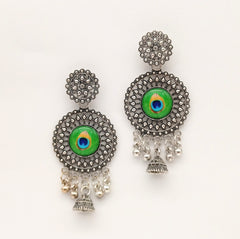 Drop Jhumka Peacock Sticker Ethnic Trendy Silver Oxidised Earrings