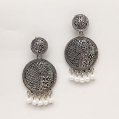 Flower Engraved Round White Beads Ethnic Trendy Silver Oxidised Earrings